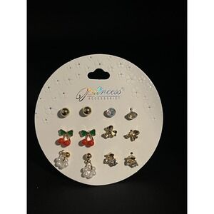 Princess Accessories 9 Pair Stud Earring Set Cherry Bow Pearl Rhinestone